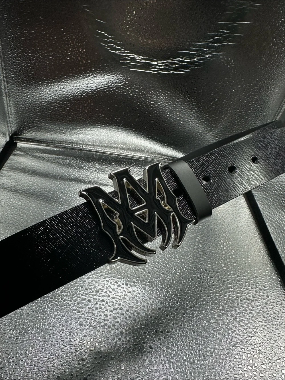 AMIRI Men's Black Leather Belt with Silver Signature Buckle N/A